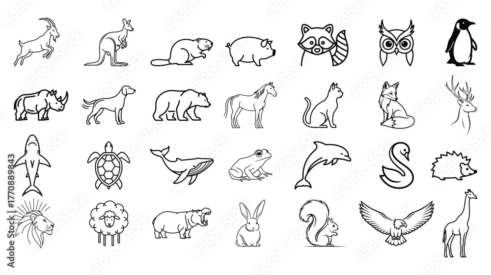 Obraz premium Collection of hand drawn line art illustrations of diverse animals from around the world including mammals birds and marine life