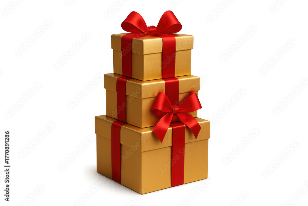 Obraz premium Stack of gold gift boxes with red ribbons and bows, creating a festive holiday celebration concept on transparent background