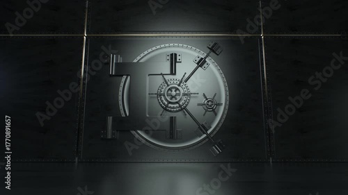 Large metal safe door unlocking with bitcoin coins falling out, representing cryptocurrency wealth and secure financial assets.