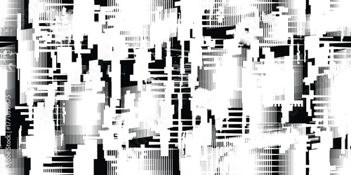 Glitch distorted grungy abstract forms . Cyber punk seamless pattern texture. Halftone dots .Futuristic background . Glitched shapes with dots and lines .Screen print endless pattern texture