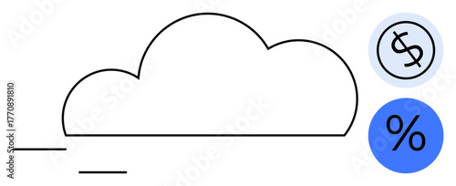 Cloud outline with speeding lines, dollar symbol in grey circle, percentage in blue circle. Ideal for finance, savings, loans, technology, cloud services data storage digital economy. Simple flat