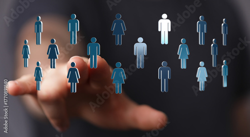 Foto Abstract image of a hand interacting with a network of people icons, representing concepts of connection, community, and communication