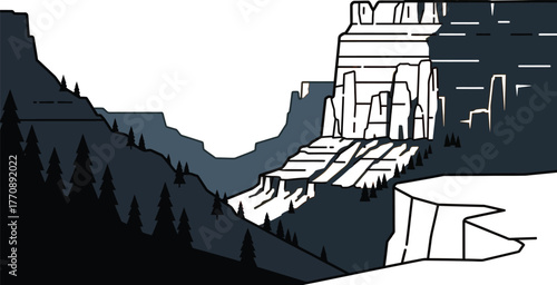 Majestic canyon landscape with layered rock formations and pine trees under a clear sky