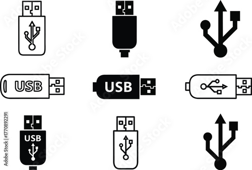 Collection of various USB flash drive icons and symbols for digital data storage and connectivity