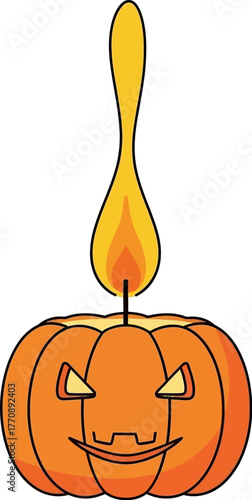 Carved pumpkin jack o lantern with lit candle flame.