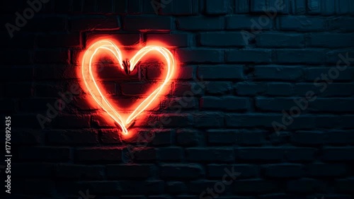 A heart-shaped neon sign glowing brightly on a dark urban brick wall.
