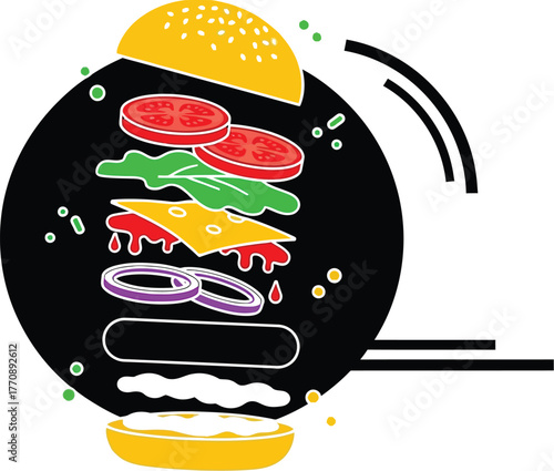 Exploded view of a delicious cheeseburger with fresh ingredients flying apart in a dynamic composition.