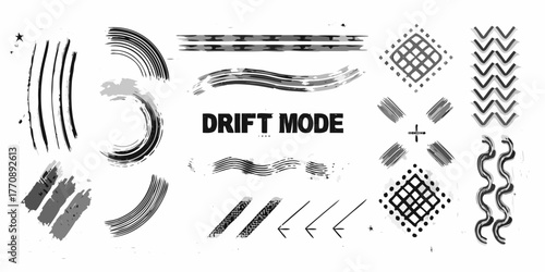 Collection of abstract grunge brush strokes and graphic elements for design with drift mode text