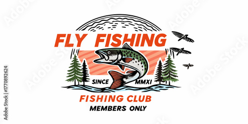Retro fly fishing club emblem with leaping trout trees and birds