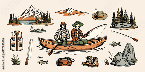 Two friends in a canoe fishing with mountains and trees in the background surrounded by fishing gear