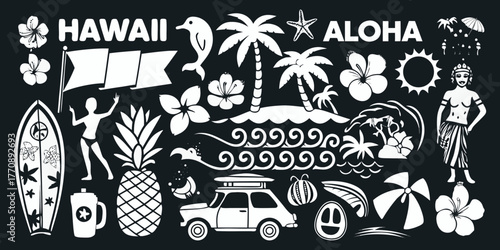 Collection of hawaiian themed icons and illustrations including aloha text palm trees surfboards and tropical flowers