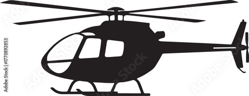 Isolated silhouette of a helicopter with rotor blades and tail rotor ready for flight aviation transportation aircraft symbol