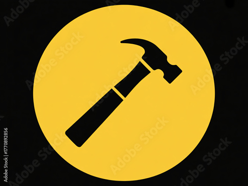 Bold black hammer icon on vibrant yellow circle against dark background symbolizing construction and repair