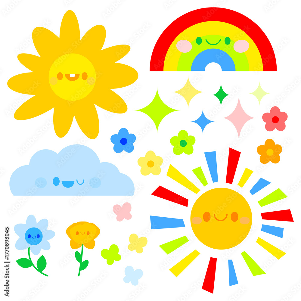 Naklejka premium A set of cartoon elements of sun, gloom, rainbow and flowers