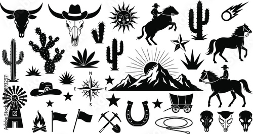 Wild West icons featuring cowboys, horses, cacti, and mountain landscapes