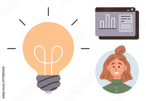 Light bulb radiating ideas, woman smiling, and data dashboard with graphs. Ideal for innovation, teamwork, strategy, creativity, brainstorming entrepreneurship modern technology. Simple flat