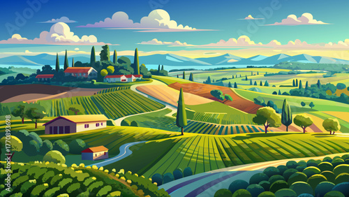 Very beautiful aerial shot of a gorgeous summer landscape at a vineyard in Braselton, Georgia, USA, showing miles of lush green trees, grass, and plants under a blue sky with soft white clouds.