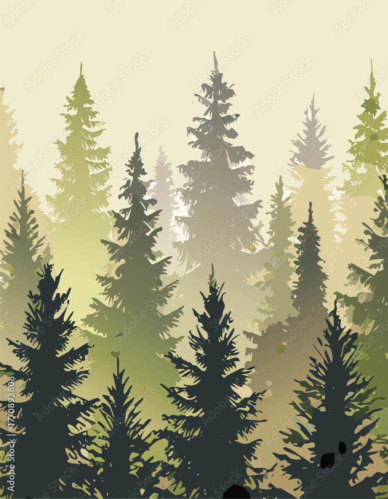 Obraz premium Foggy forest with pine trees in the early morning light, vector illustration