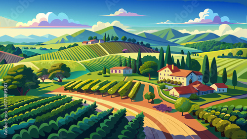 Very beautiful aerial shot of a gorgeous summer landscape at a vineyard in Braselton, Georgia, USA, showing miles of lush green trees, grass, and plants under a blue sky with soft white clouds.