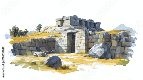 Sacsayhuaman Fortress. Sacsayhuaman Fortress hand drawn watercolor illustration