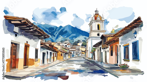 Quito Old Town. Quito Old Town hand drawn watercolor illustration