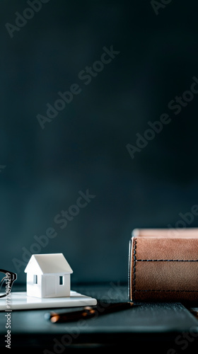 Wallpaper Mural Miniature white house model placed on a notepad beside stylish brown wallet and glasses, creating a cozy workspace atmosphere with a dark background Torontodigital.ca