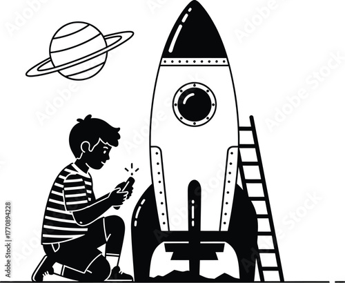 Young boy dreams of space exploration, building a rocket ship for adventure.