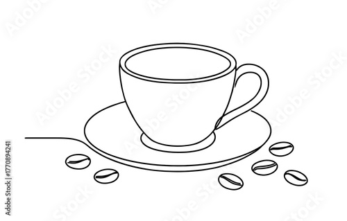 Minimalist linear coffee cup with beans on saucer design for cafes