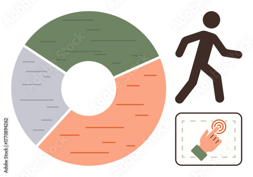 Circular pie chart with three sections, a walking stick figure, and a hand touching a screen. Ideal for data visualization, analytics, mobility, digital engagement, ergonomics, interactivity user