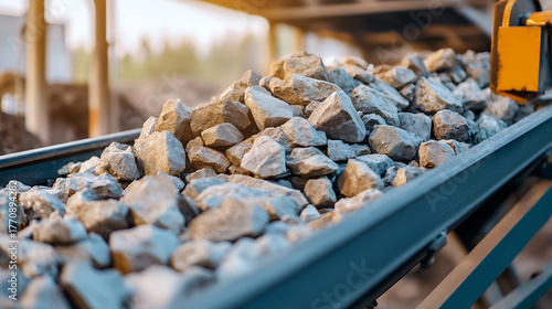 A conveyor belt carries a load of raw materials, showcasing industry and production, transporting rocks to a processing or construction site in outdoor conditions.