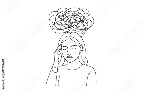 Woman with tangled thoughts: a minimalist line art depiction of anxiety and stress