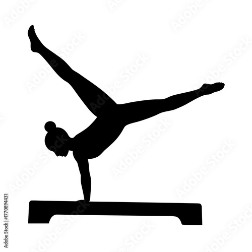 Silhouette of a gymnast performing a handstand on a balance beam with legs split