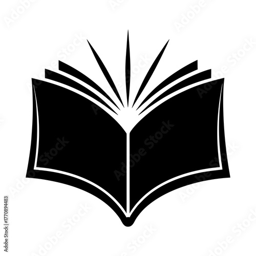 Stylized black open book icon with pages fanning out