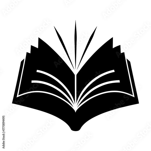 Stylized black open book icon with fanned pages