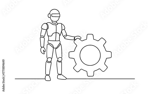 Line art robot with gear: futuristic technology concept