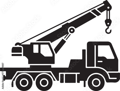 Silhouette icon of a truck crane machinery for construction industry lifting heavy loads and industrial operations