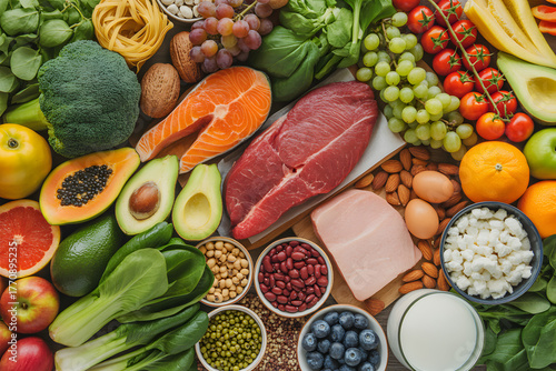 Wallpaper Mural Balanced diet concept – healthy food ingredients including meat, fish, fruits, vegetables, grains and dairy Torontodigital.ca