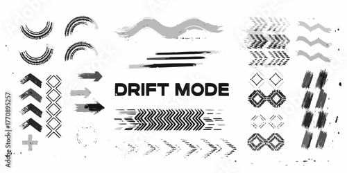 Collection of grunge artistic brush stroke elements and tire tracks with the text drift mode