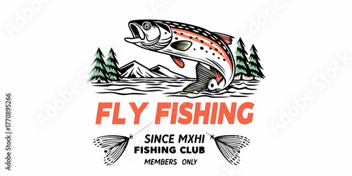 Retro style fly fishing emblem featuring a leaping trout mountains trees and water