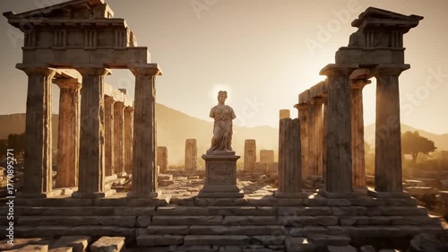 Ancient greek statue in ruins with dramatic sunlight historical structure weathered textures historical art