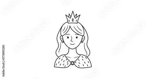 Charming cartoon queen with crown and regal fur cape, exuding youthful elegance and storybook fantasy for creative projects.