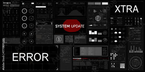 Futuristic digital interface displaying system update and error messages with graphs and data