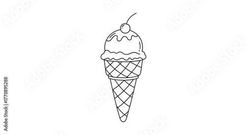 Delightful hand drawn ice cream cone with cherry on top, perfect for summer treats and sweet designs