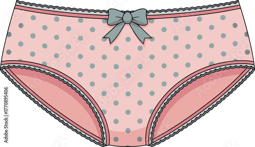 Retro Polka Dot Panties in Dusty Pink with Grey Dots, Scalloped Trim and Satin Bow, Lingerie Technical Flat, CAD Drawing Flat Vector Illustration