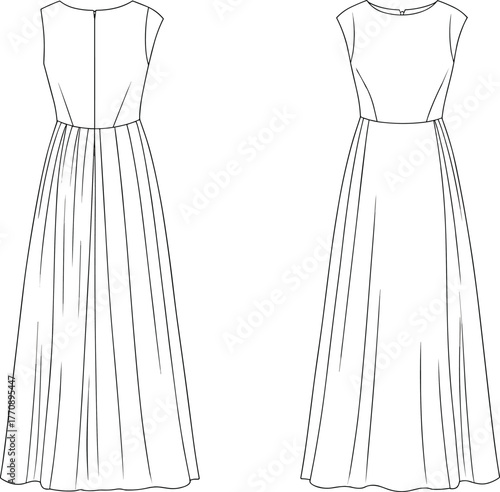 Technical flat sketch, sleeveless dress design, fashion garment illustration, vector template, CAD drawing, apparel pattern, clothing construction, long dress fashion design