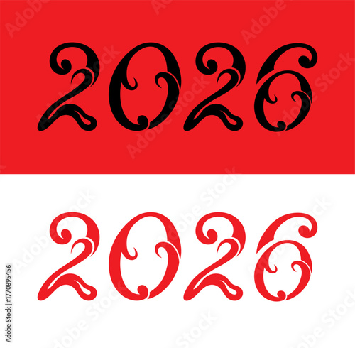 Black and red New Year 2026 decorative design. Decorative symbol of new year 2026 Isolated on white. Decorative Red year design. Vector illustration. Tattoo design of 2027 llustration