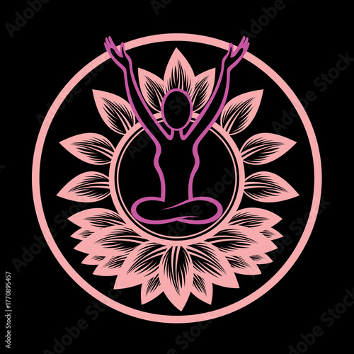 Silhouette of a girl doing yoga with flowers. Meditation silhouette, Yoga icon template color editable. Yoga symbol vector sign. Silhouette of a girl doing yoga with flowers on black background. Greet