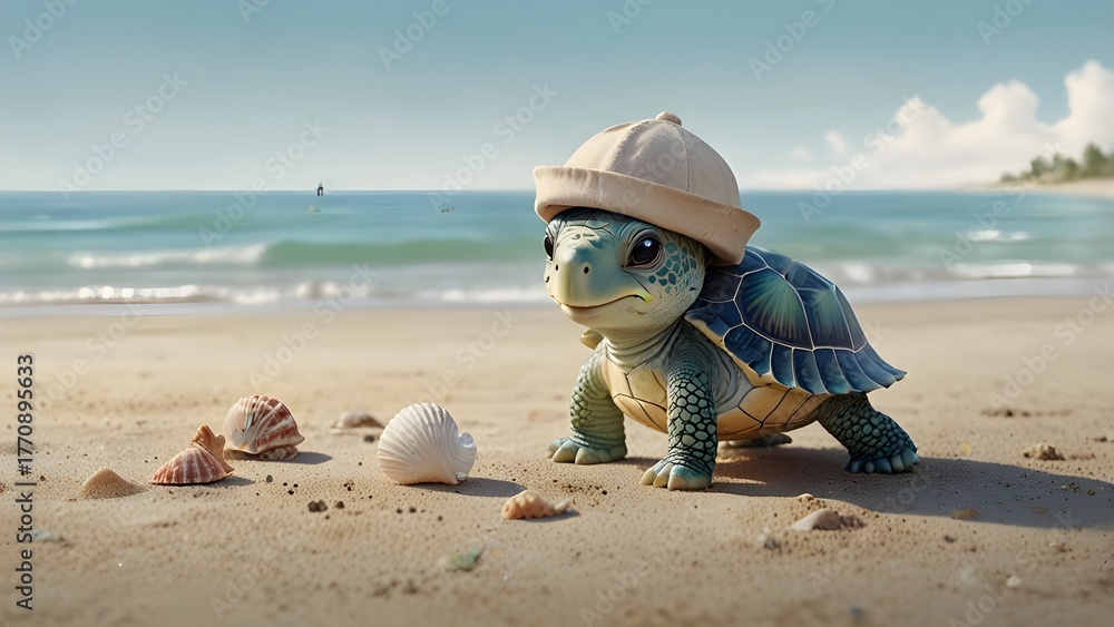 Obraz premium Adorable Baby Sea Turtle Character Wearing a Hat on a Sunny Beach with copy space