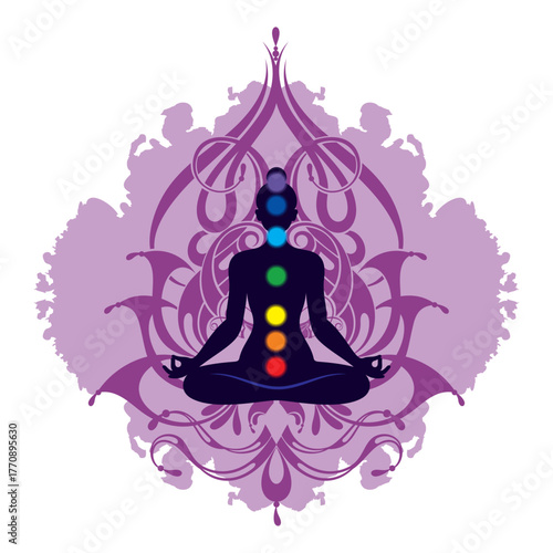 Silhouette of a girl doing yoga with flowers on white background. Meditation silhouette, Yoga icon template color editable. Yoga symbol vector sign. Greeting card.