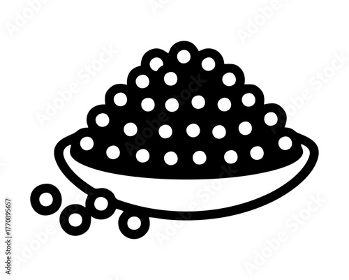 Vector isolated black-and-white icon of a bowl filled with sturgeon caviar (fish roe), showing round pearls piled inside and a few spilling beside the bowl.